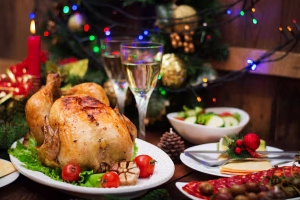 Christmas table all decorated with  turkey and chapagne glasses